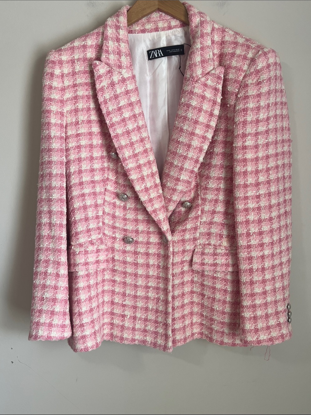 Zara Plaid Double Breasted Blazer Tailored Fitted Tweed Women's XL Pink White